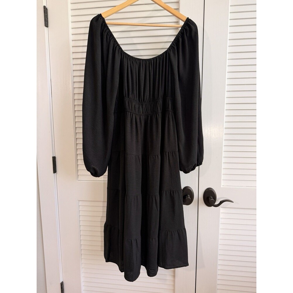 She + Sky Black Off Shoulder Tiered  Dress Long Balloon Sleeve Elastic Waist L - Picture 3 of 6